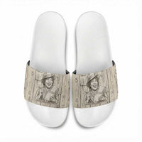 Zora Neale Hurston Slide Sandals Rustic Wood Engraved Style Illustration Joyful Portrait with Book and Map Donkey - Wonder Print Shop