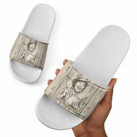 Zora Neale Hurston Slide Sandals Rustic Wood Engraved Style Illustration Joyful Portrait with Book and Map Donkey - Wonder Print Shop
