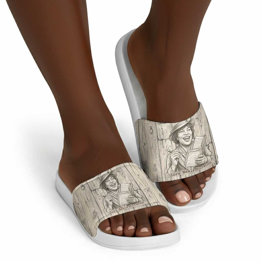 Zora Neale Hurston Slide Sandals Rustic Wood Engraved Style Illustration Joyful Portrait with Book and Map Donkey - Wonder Print Shop