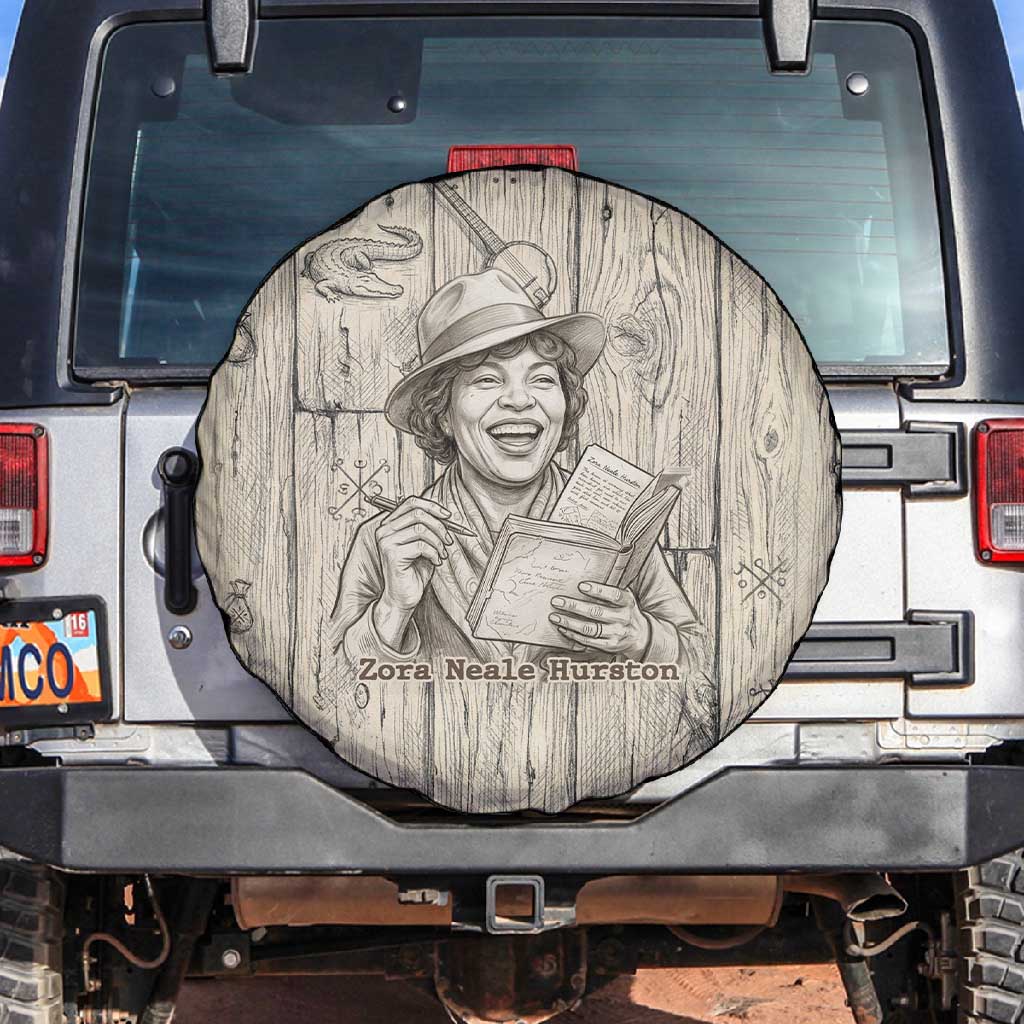 Zora Neale Hurston Spare Tire Cover Rustic Wood Engraved Style Illustration Joyful Portrait with Book and Map Donkey - Wonder Print Shop
