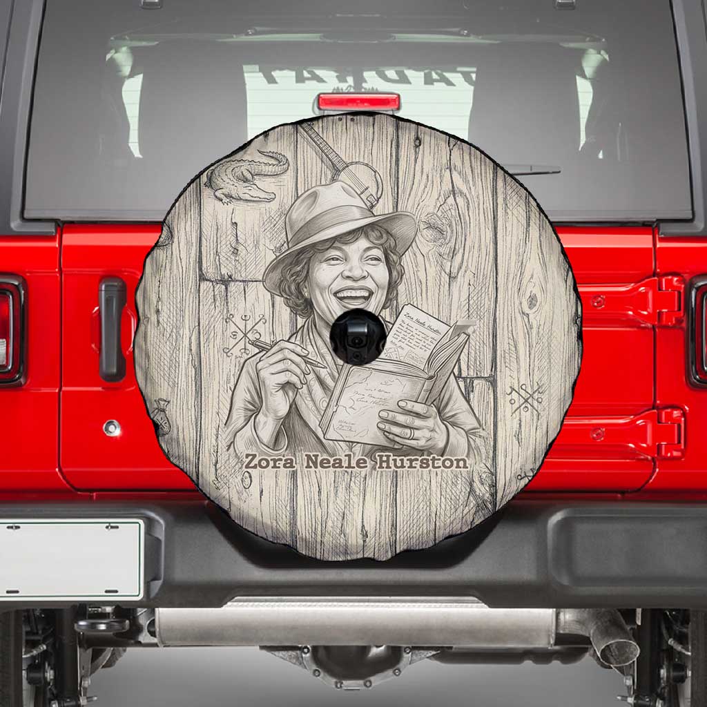 Zora Neale Hurston Spare Tire Cover Rustic Wood Engraved Style Illustration Joyful Portrait with Book and Map Donkey - Wonder Print Shop