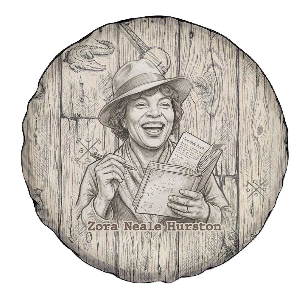 Zora Neale Hurston Spare Tire Cover Rustic Wood Engraved Style Illustration Joyful Portrait with Book and Map Donkey - Wonder Print Shop
