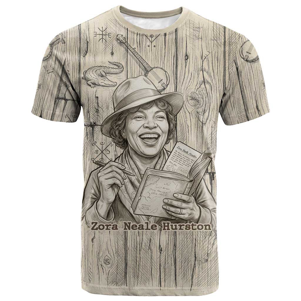 Zora Neale Hurston T shirt Rustic Wood Engraved Style Illustration Joyful Portrait with Book and Map Donkey - Wonder Print Shop
