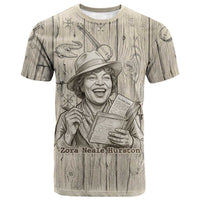 Zora Neale Hurston T shirt Rustic Wood Engraved Style Illustration Joyful Portrait with Book and Map Donkey - Wonder Print Shop