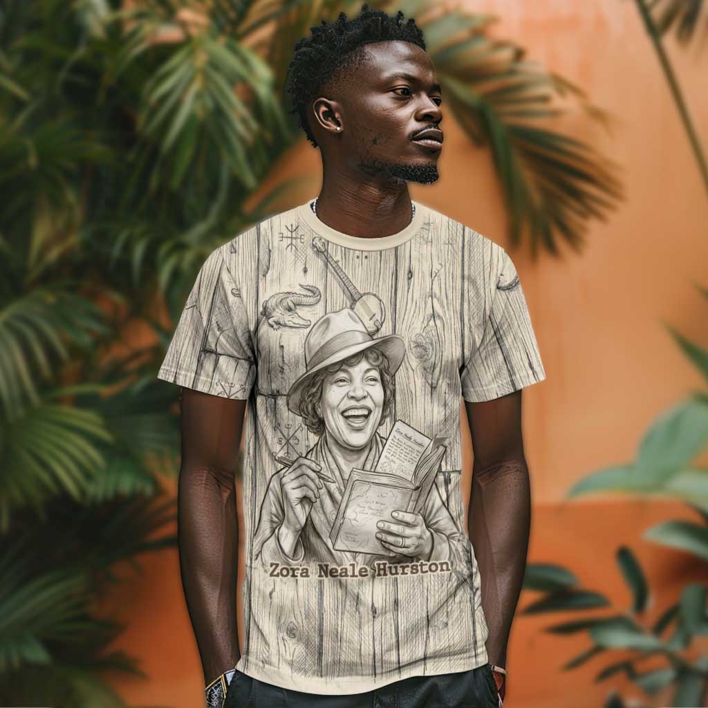 Zora Neale Hurston T shirt Rustic Wood Engraved Style Illustration Joyful Portrait with Book and Map Donkey - Wonder Print Shop