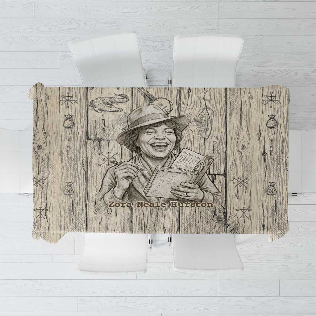 Zora Neale Hurston Tablecloth Rustic Wood Engraved Style Illustration Joyful Portrait with Book and Map Donkey - Wonder Print Shop