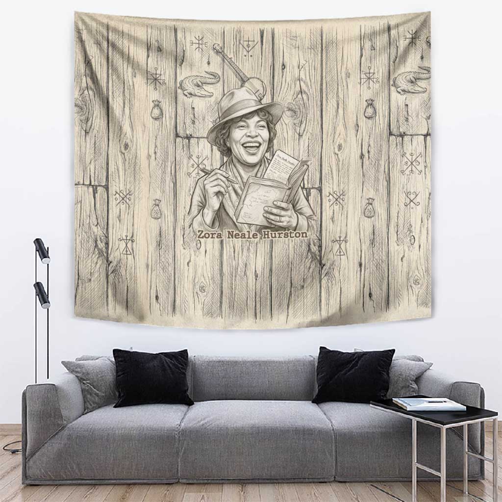 Zora Neale Hurston Tapestry Rustic Wood Engraved Style Illustration Joyful Portrait with Book and Map Donkey - Wonder Print Shop