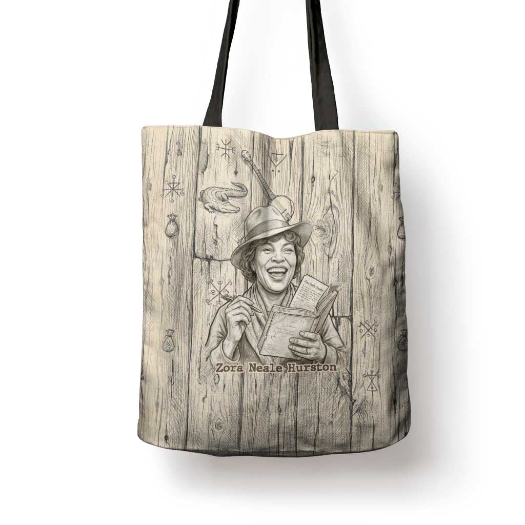 Zora Neale Hurston Tote Bag Rustic Wood Engraved Style Illustration Joyful Portrait with Book and Map Donkey - Wonder Print Shop