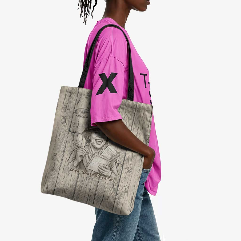 Zora Neale Hurston Tote Bag Rustic Wood Engraved Style Illustration Joyful Portrait with Book and Map Donkey - Wonder Print Shop