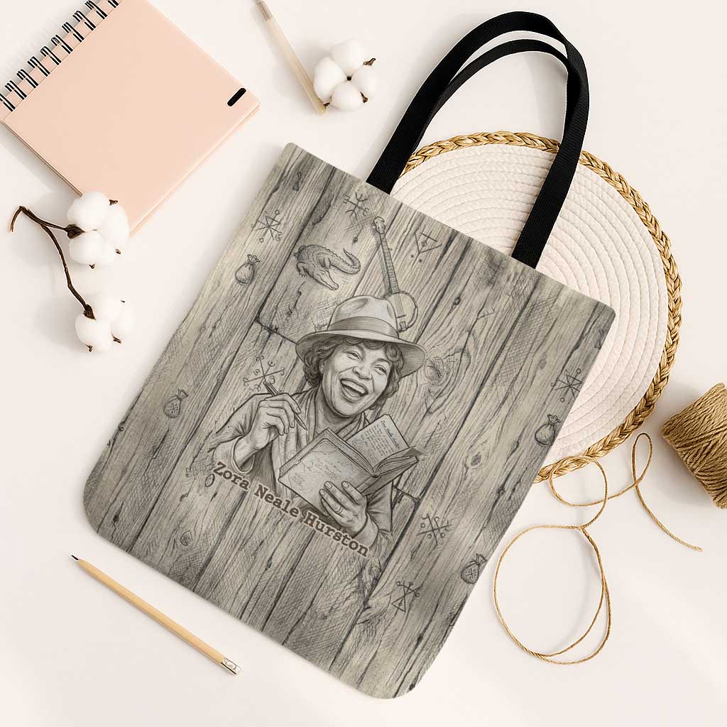 Zora Neale Hurston Tote Bag Rustic Wood Engraved Style Illustration Joyful Portrait with Book and Map Donkey - Wonder Print Shop