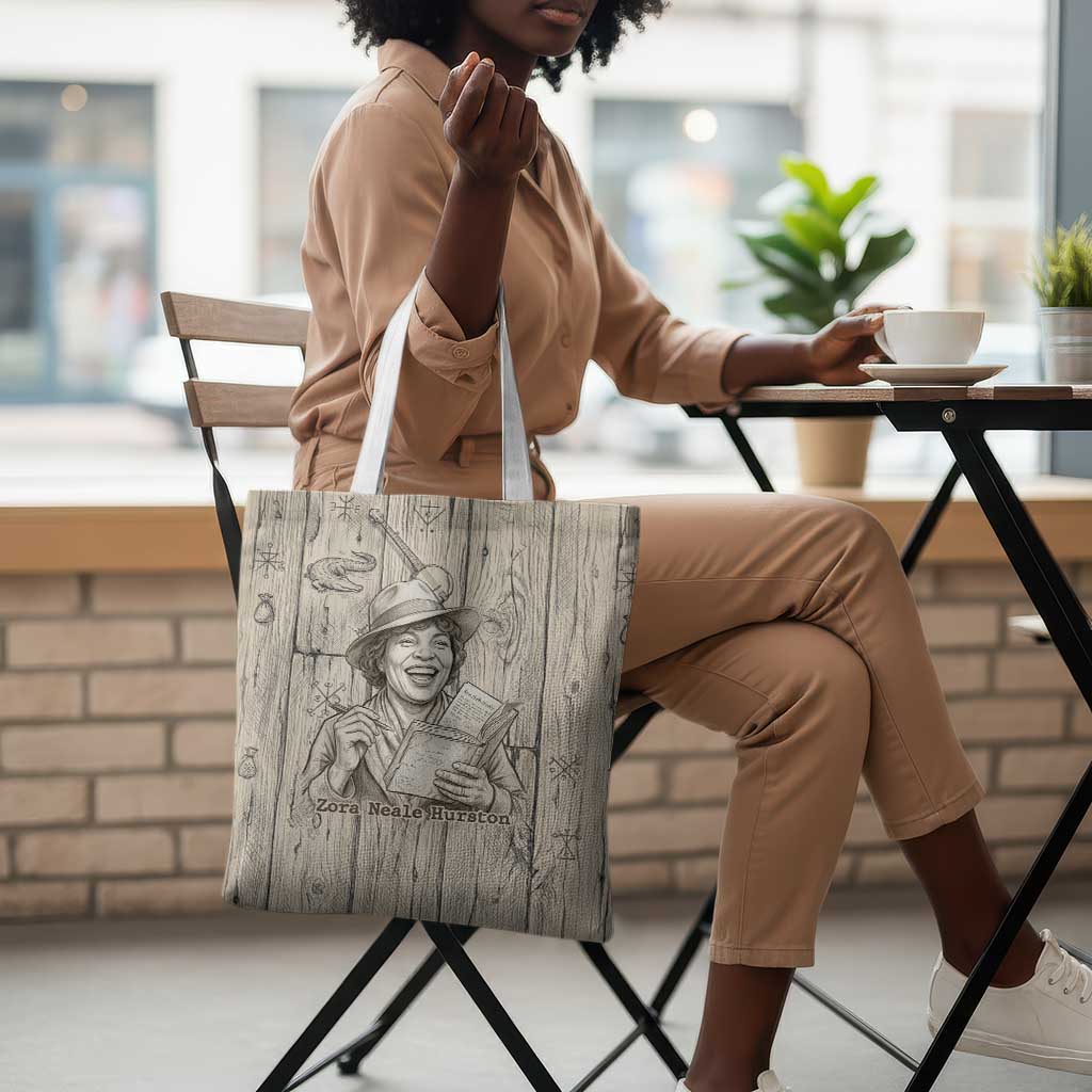 Zora Neale Hurston Tote Bag Rustic Wood Engraved Style Illustration Joyful Portrait with Book and Map Donkey - Wonder Print Shop