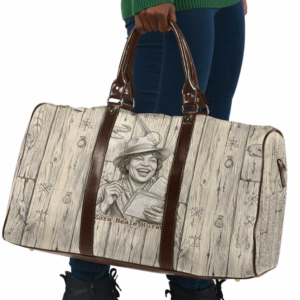 Zora Neale Hurston Travel Bag Rustic Wood Engraved Style Illustration Joyful Portrait with Book and Map Donkey - Wonder Print Shop