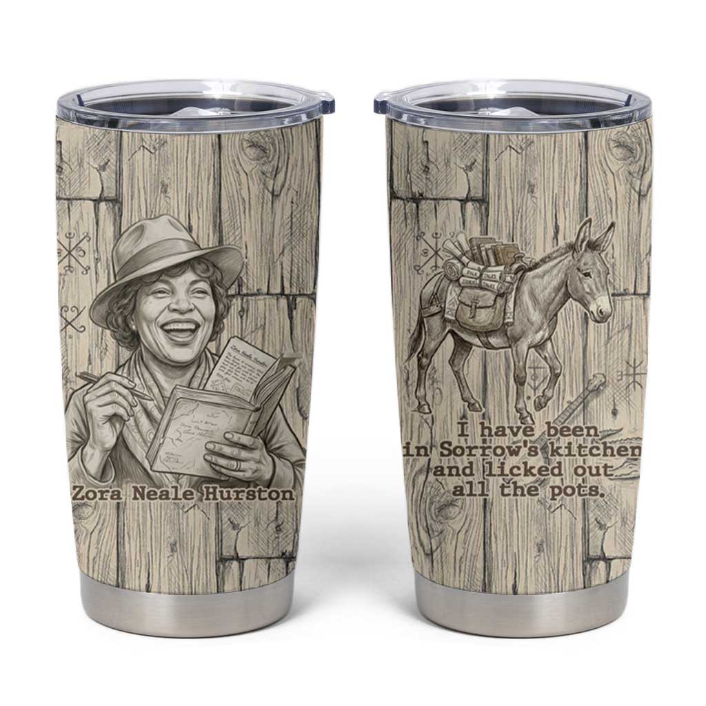 Zora Neale Hurston Tumbler Cup Rustic Wood Engraved Style Illustration Joyful Portrait with Book and Map Donkey - Wonder Print Shop
