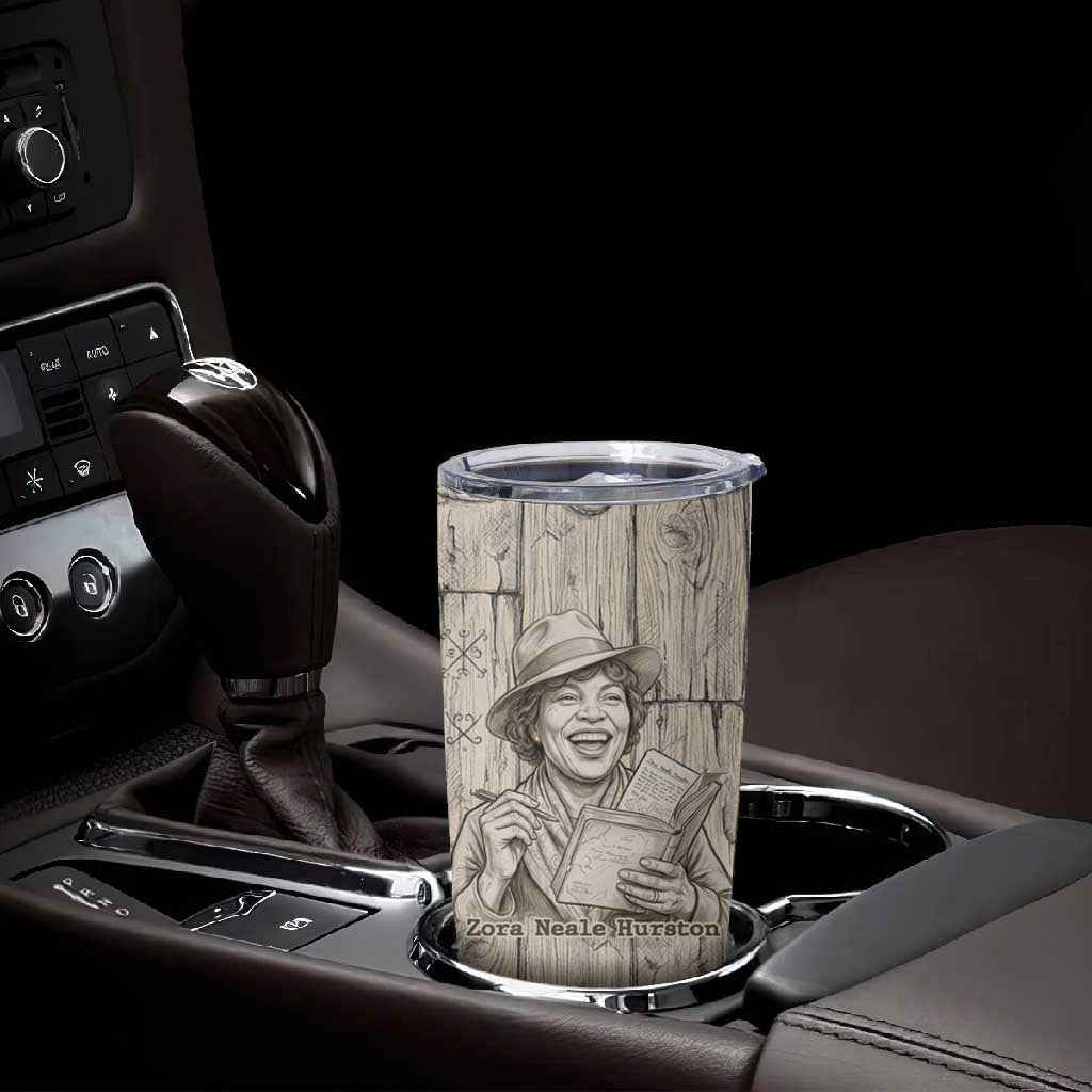 Zora Neale Hurston Tumbler Cup Rustic Wood Engraved Style Illustration Joyful Portrait with Book and Map Donkey - Wonder Print Shop