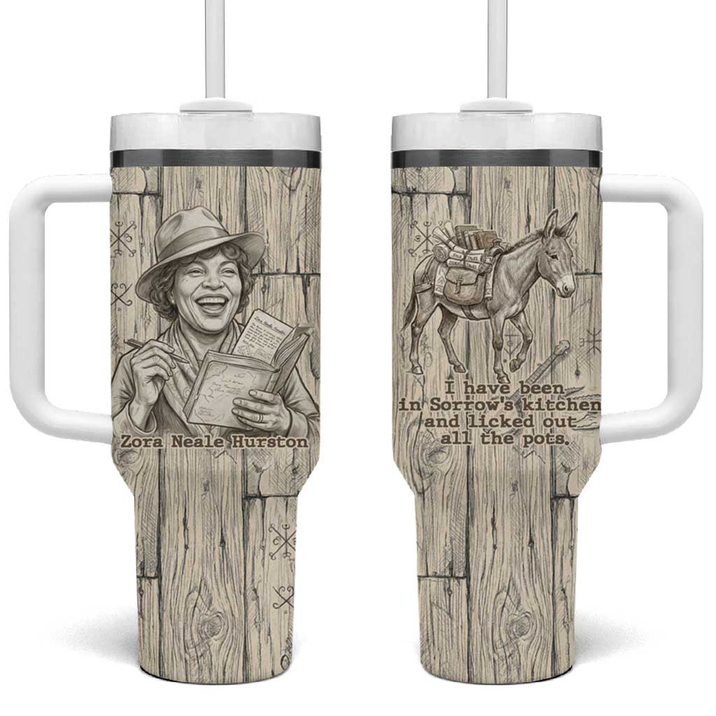 Zora Neale Hurston Tumbler With Handle Rustic Wood Engraved Style Illustration Joyful Portrait with Book and Map Donkey - Wonder Print Shop