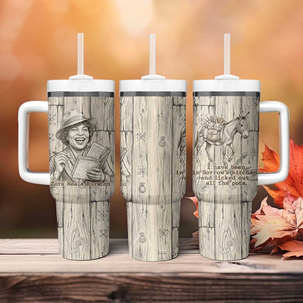 Zora Neale Hurston Tumbler With Handle Rustic Wood Engraved Style Illustration Joyful Portrait with Book and Map Donkey - Wonder Print Shop