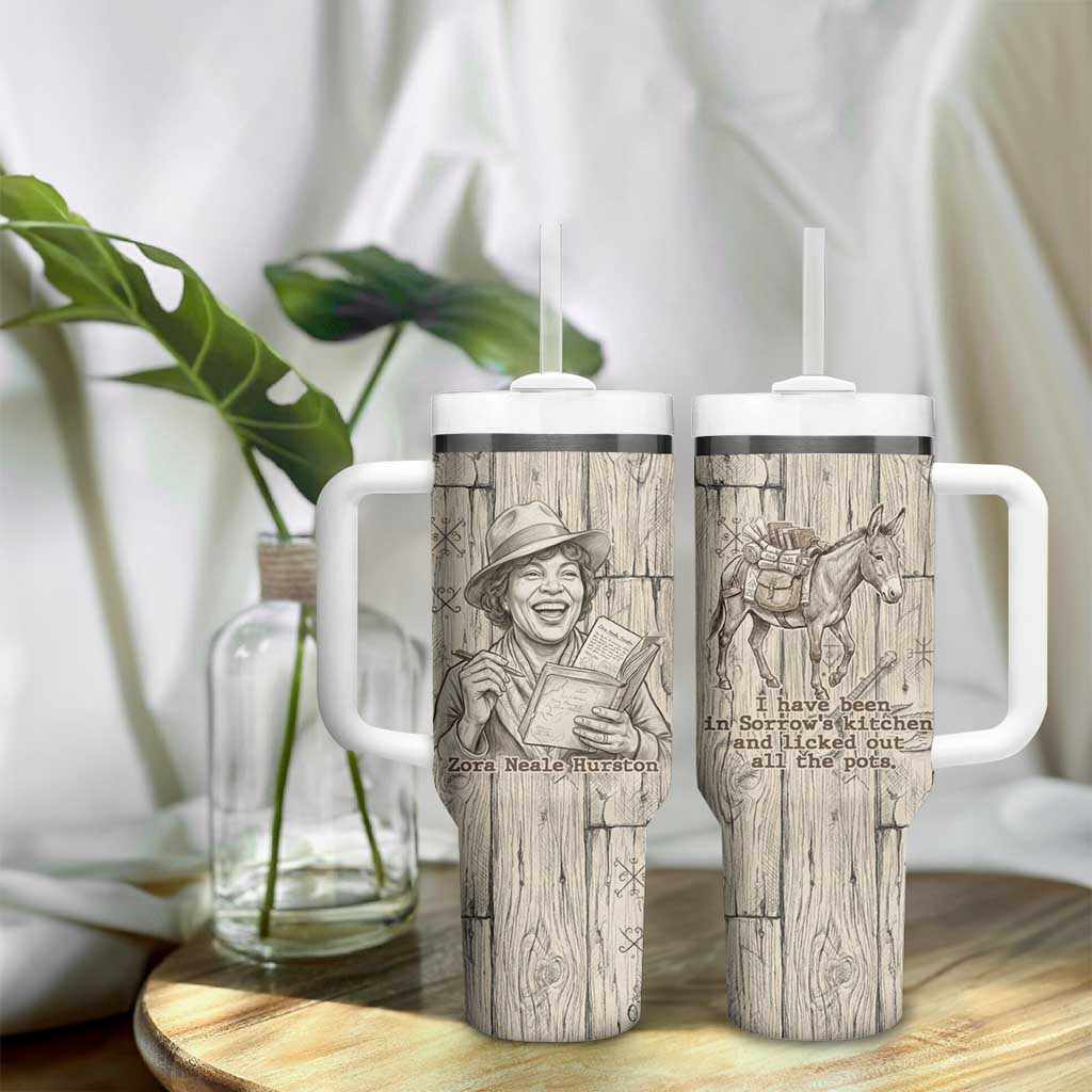 Zora Neale Hurston Tumbler With Handle Rustic Wood Engraved Style Illustration Joyful Portrait with Book and Map Donkey - Wonder Print Shop