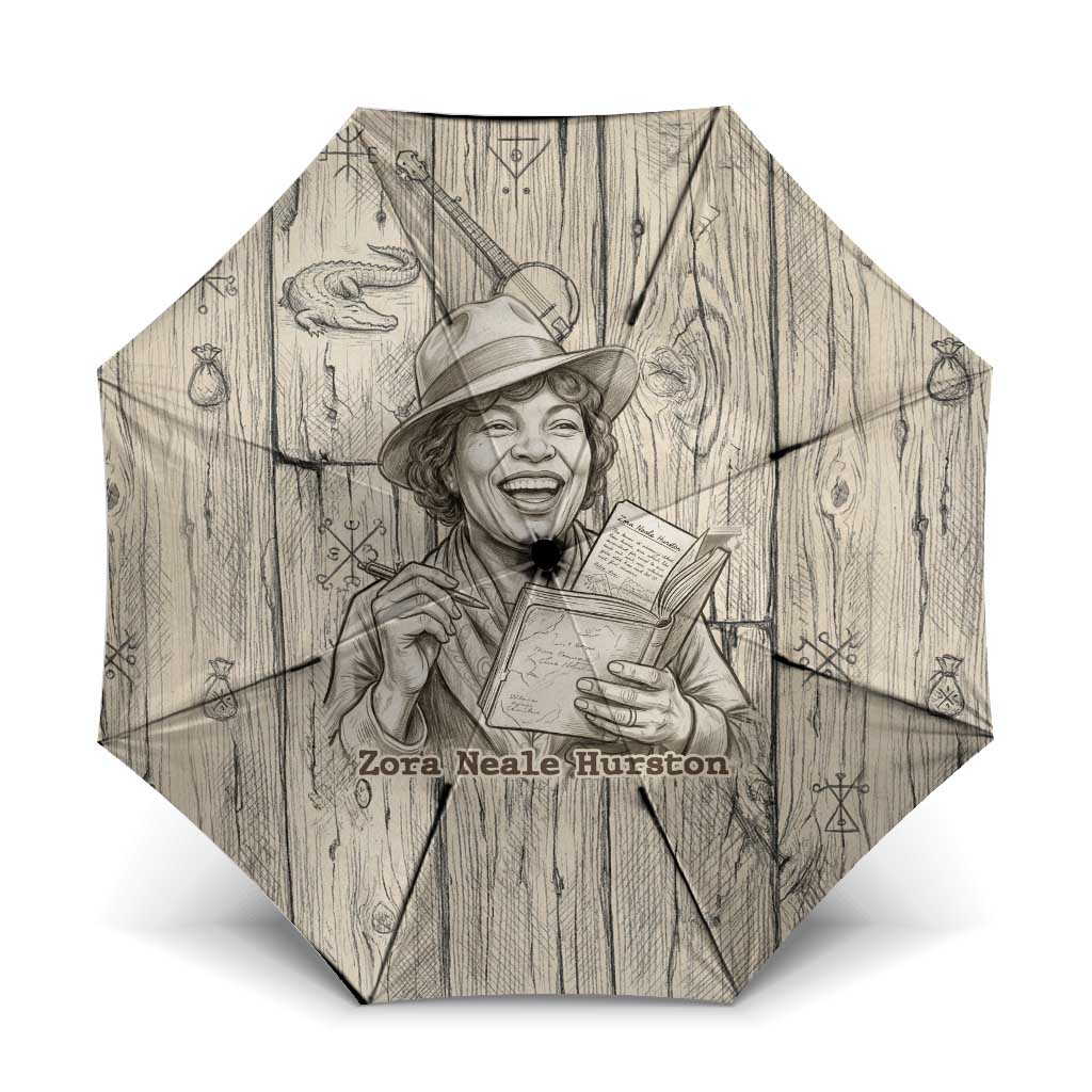 Zora Neale Hurston Umbrella Rustic Wood Engraved Style Illustration Joyful Portrait with Book and Map Donkey - Wonder Print Shop
