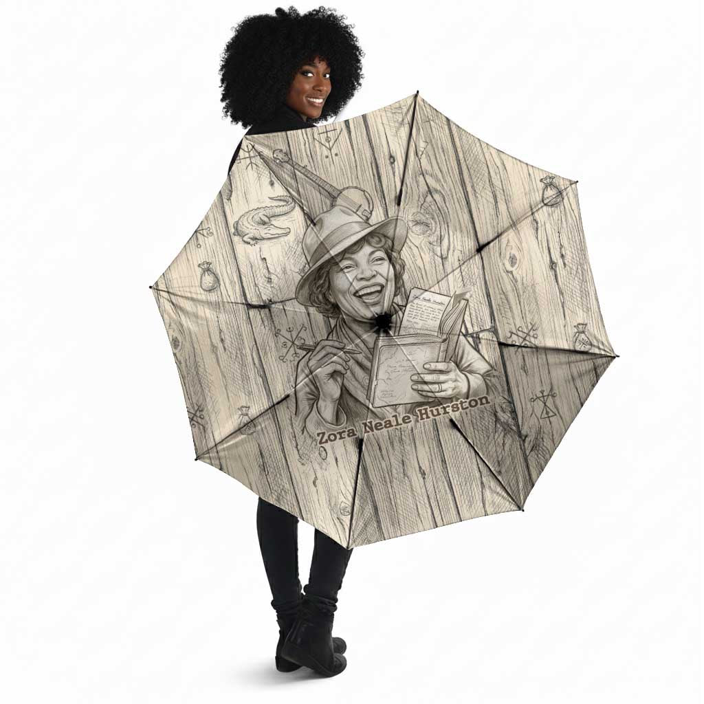 Zora Neale Hurston Umbrella Rustic Wood Engraved Style Illustration Joyful Portrait with Book and Map Donkey - Wonder Print Shop