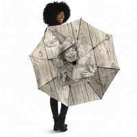 Zora Neale Hurston Umbrella Rustic Wood Engraved Style Illustration Joyful Portrait with Book and Map Donkey - Wonder Print Shop