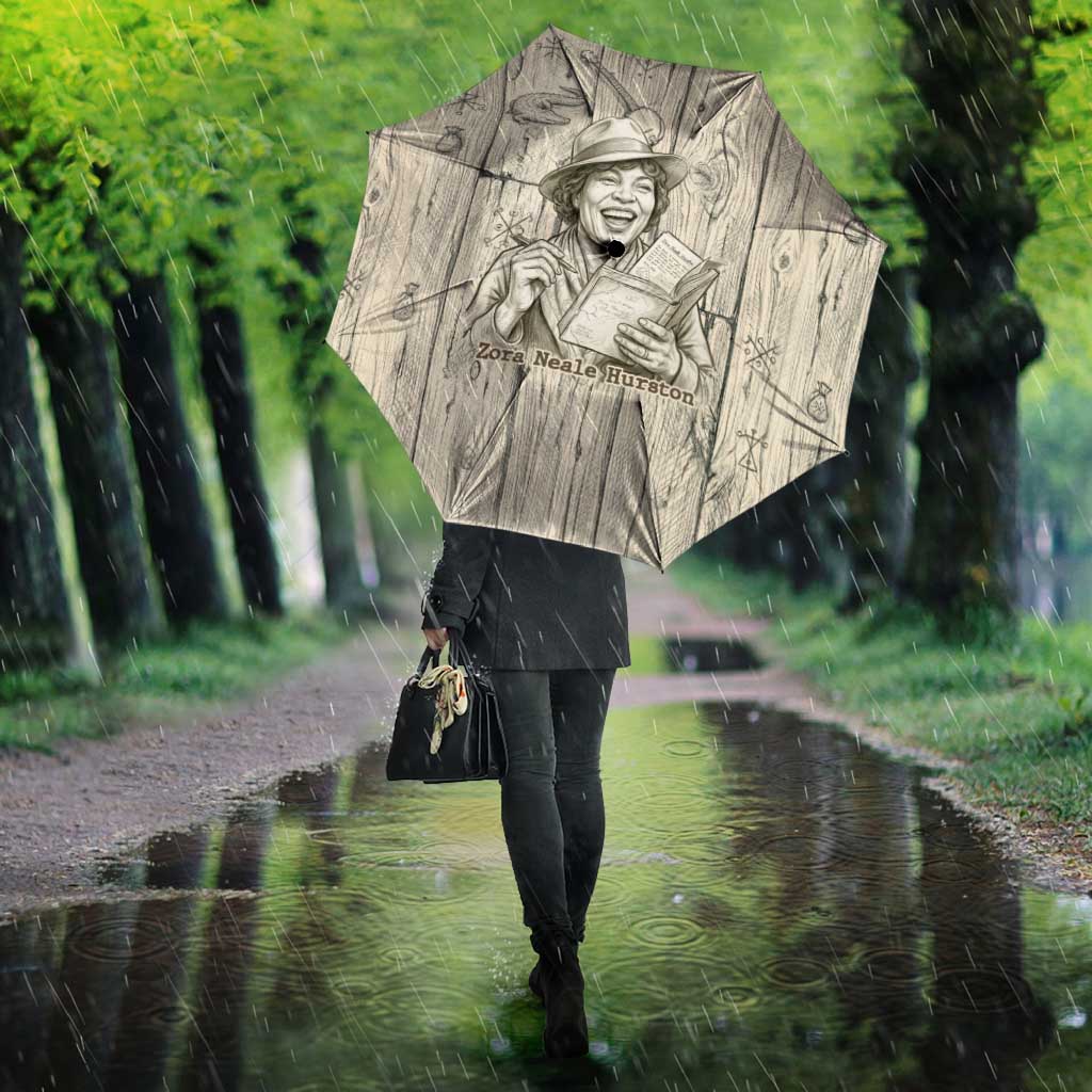 Zora Neale Hurston Umbrella Rustic Wood Engraved Style Illustration Joyful Portrait with Book and Map Donkey - Wonder Print Shop