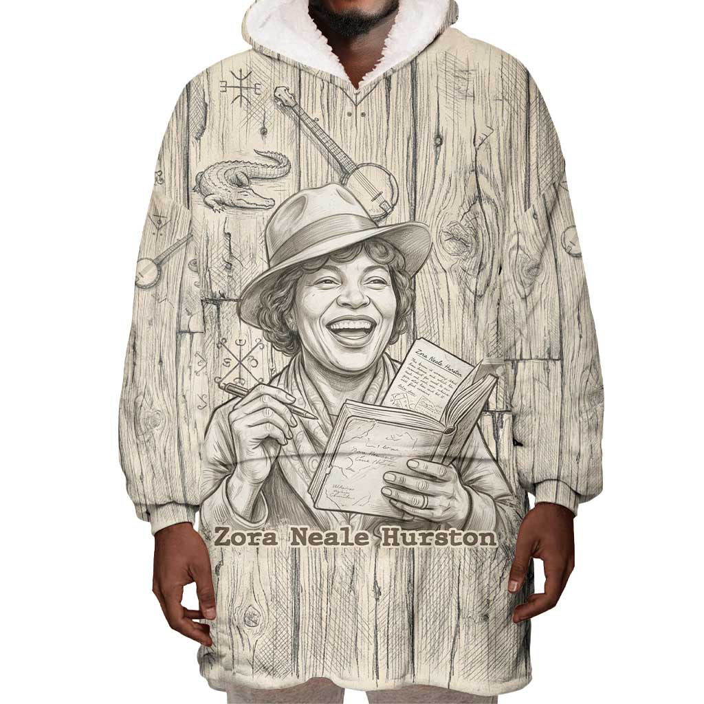 Zora Neale Hurston Wearable Blanket Hoodie Rustic Wood Engraved Style Illustration Joyful Portrait with Book and Map Donkey - Wonder Print Shop