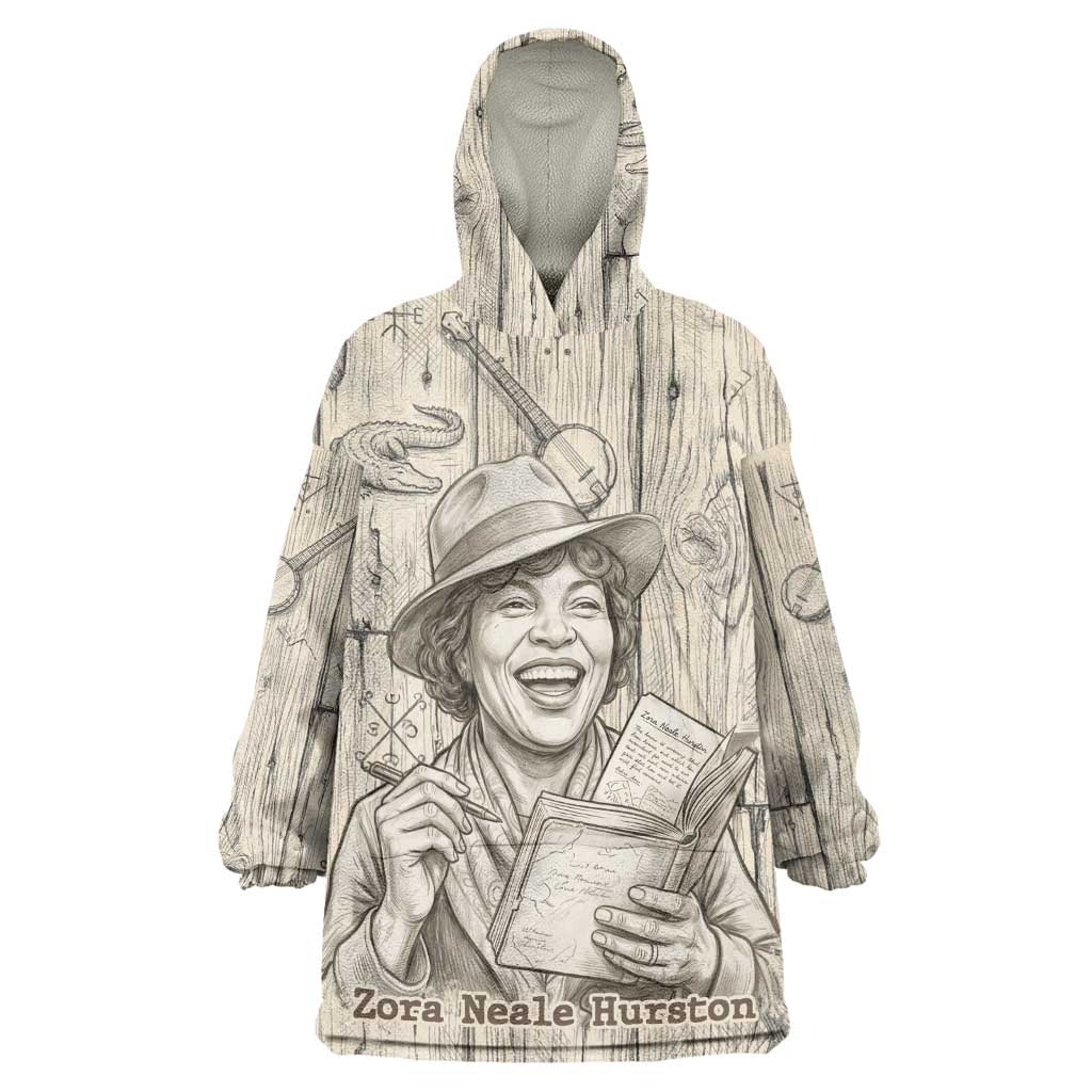 Zora Neale Hurston Wearable Blanket Hoodie Rustic Wood Engraved Style Illustration Joyful Portrait with Book and Map Donkey - Wonder Print Shop