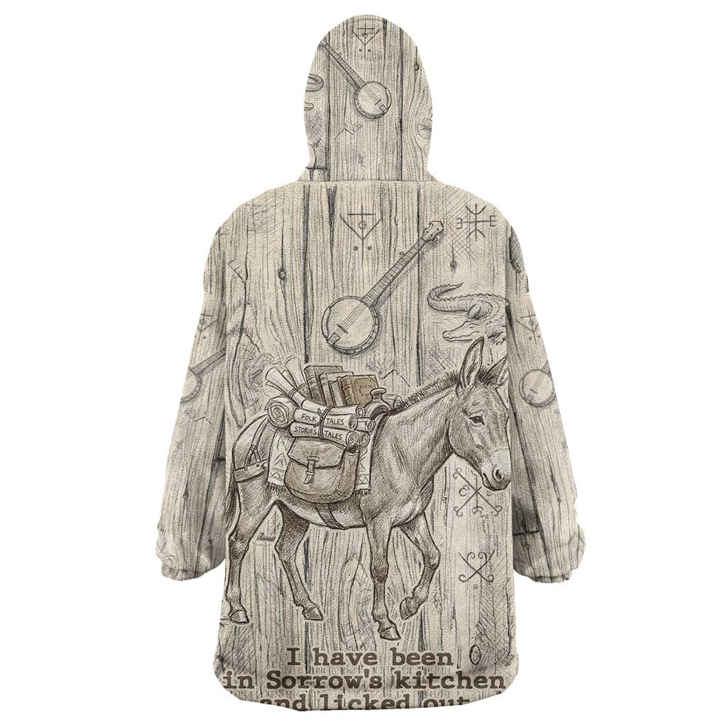 Zora Neale Hurston Wearable Blanket Hoodie Rustic Wood Engraved Style Illustration Joyful Portrait with Book and Map Donkey - Wonder Print Shop