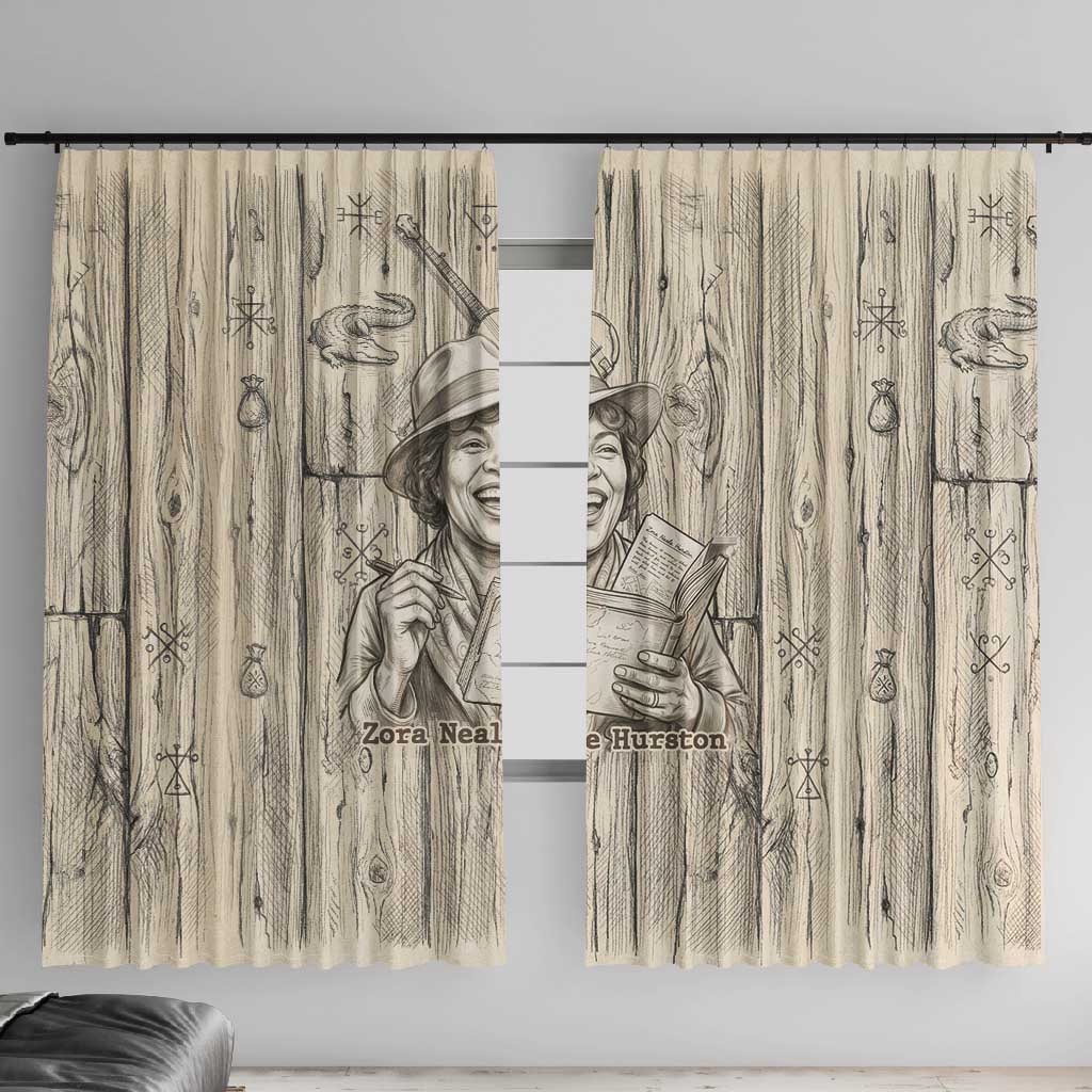 Zora Neale Hurston Window Curtain Rustic Wood Engraved Style Illustration Joyful Portrait with Book and Map Donkey - Wonder Print Shop