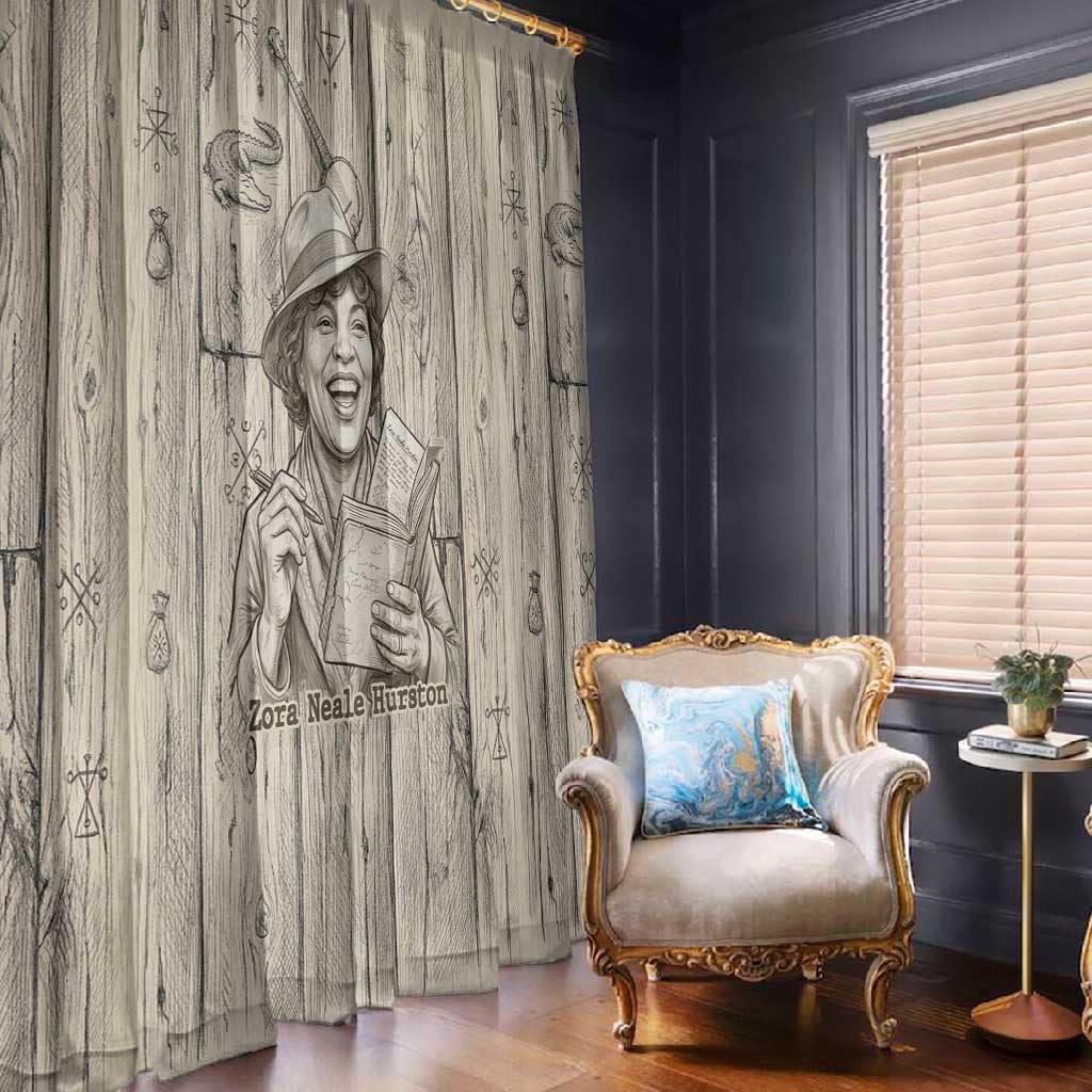 Zora Neale Hurston Window Curtain Rustic Wood Engraved Style Illustration Joyful Portrait with Book and Map Donkey - Wonder Print Shop