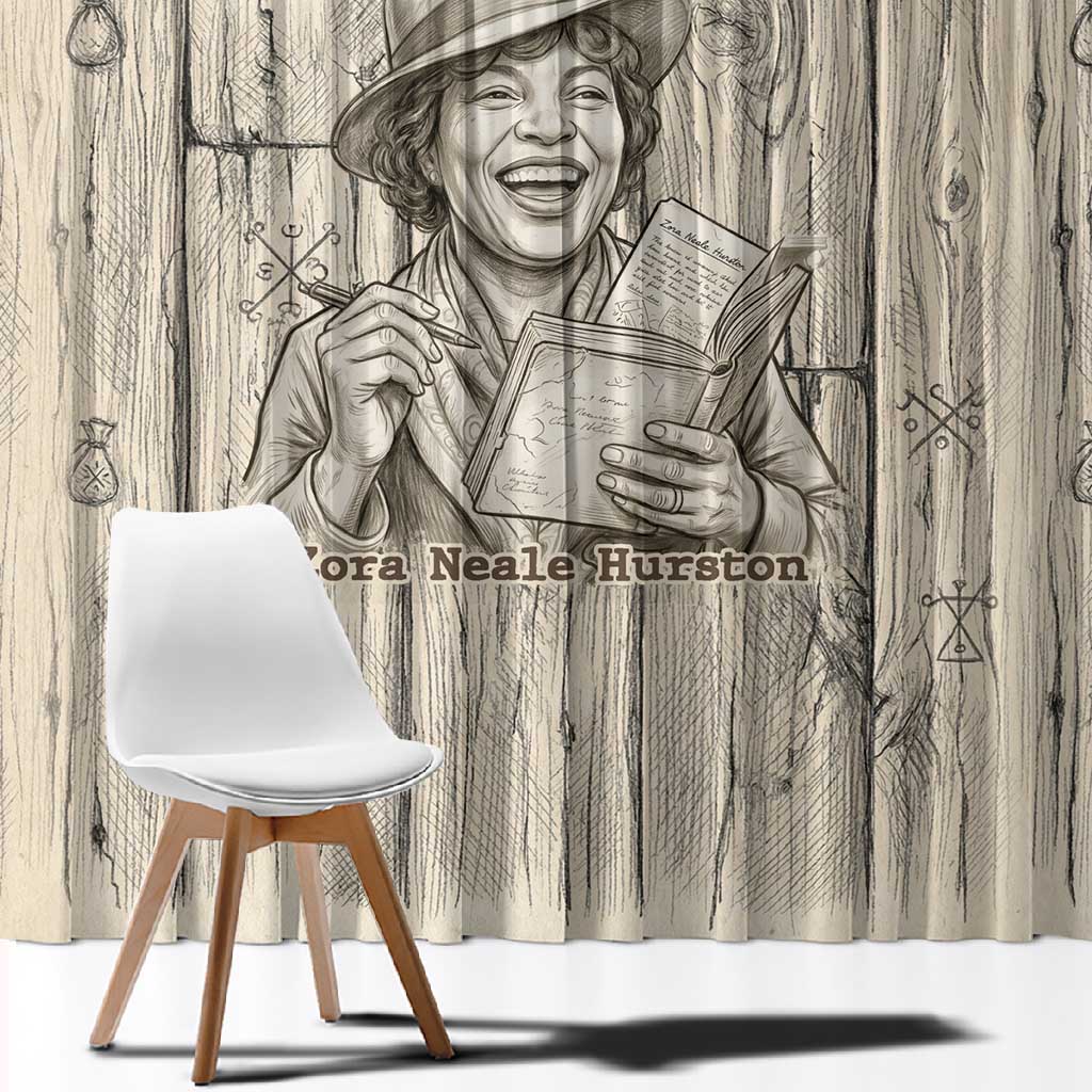 Zora Neale Hurston Window Curtain Rustic Wood Engraved Style Illustration Joyful Portrait with Book and Map Donkey - Wonder Print Shop