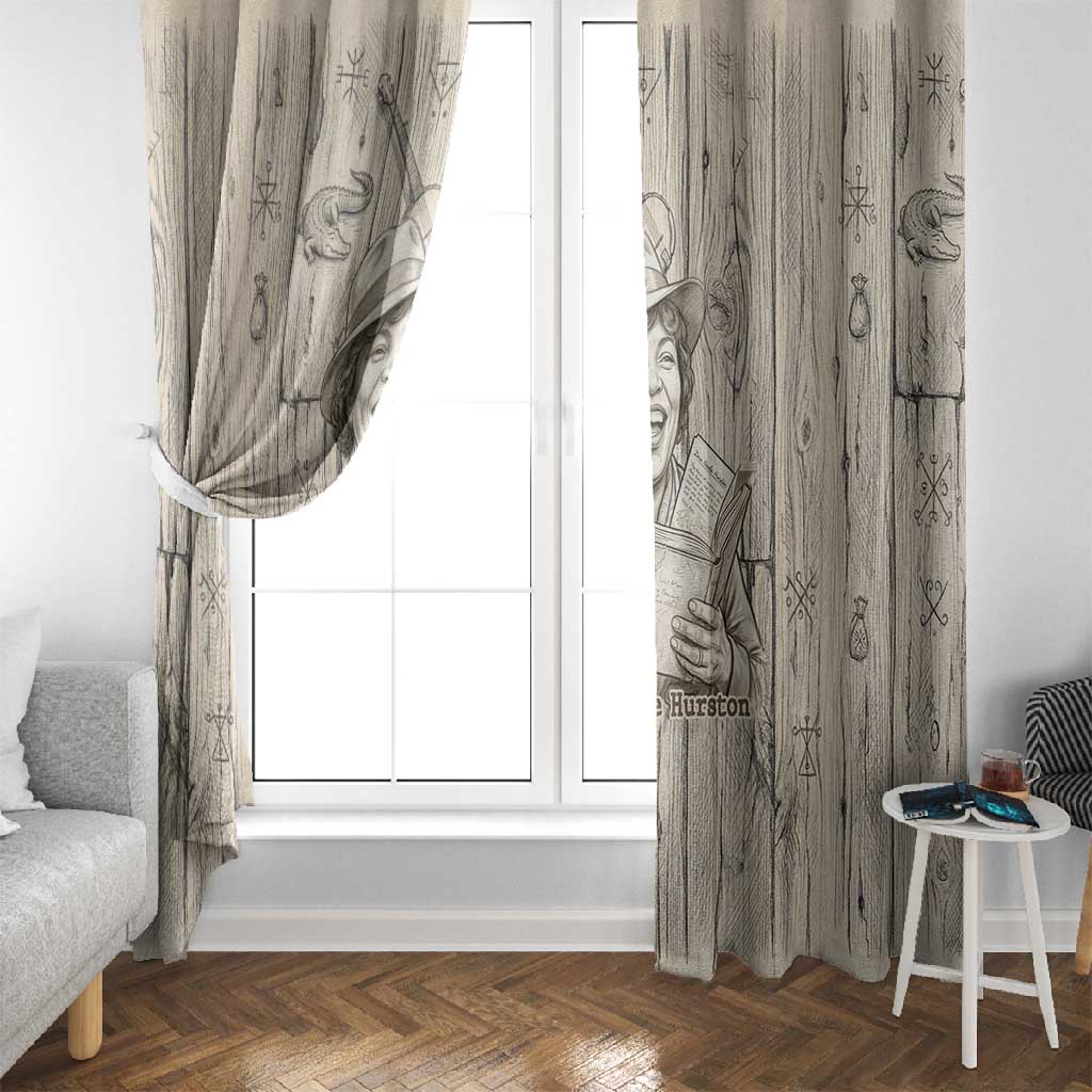 Zora Neale Hurston Window Curtain Rustic Wood Engraved Style Illustration Joyful Portrait with Book and Map Donkey - Wonder Print Shop