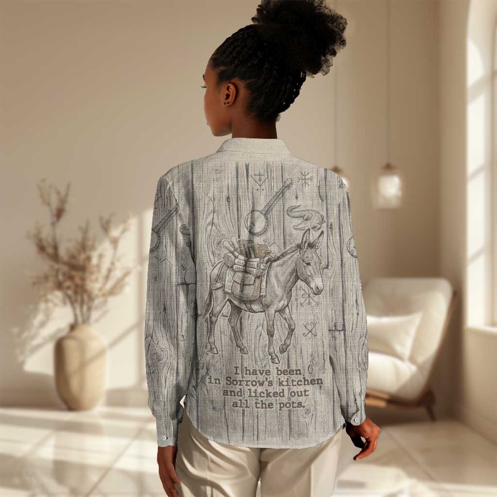 Zora Neale Hurston Women Casual Shirt Rustic Wood Engraved Style Illustration Joyful Portrait with Book and Map Donkey - Wonder Print Shop