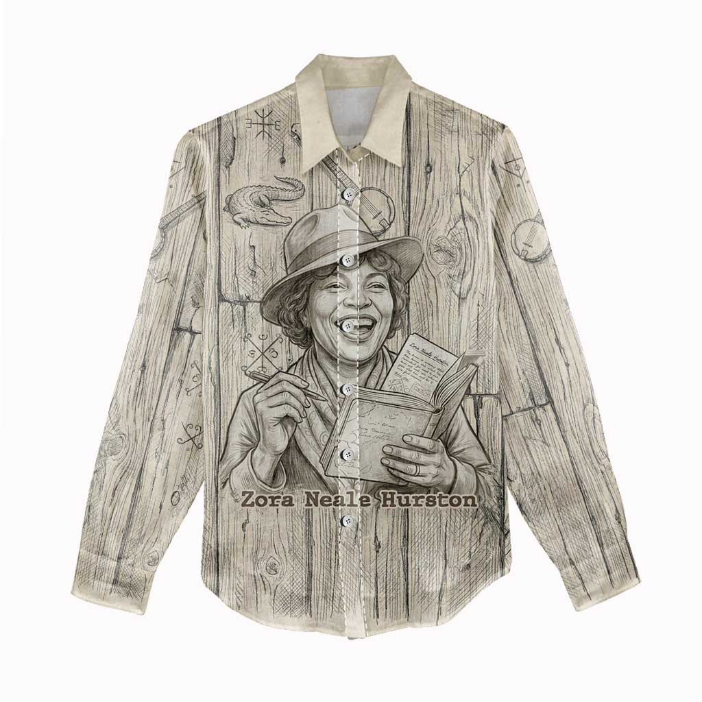 Zora Neale Hurston Women Casual Shirt Rustic Wood Engraved Style Illustration Joyful Portrait with Book and Map Donkey - Wonder Print Shop