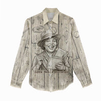 Zora Neale Hurston Women Casual Shirt Rustic Wood Engraved Style Illustration Joyful Portrait with Book and Map Donkey - Wonder Print Shop