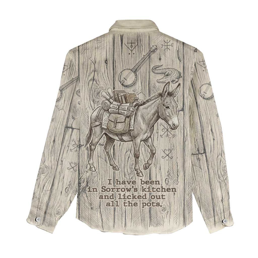 Zora Neale Hurston Women Casual Shirt Rustic Wood Engraved Style Illustration Joyful Portrait with Book and Map Donkey - Wonder Print Shop