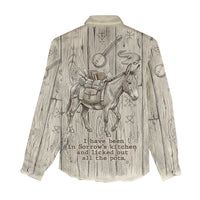 Zora Neale Hurston Women Casual Shirt Rustic Wood Engraved Style Illustration Joyful Portrait with Book and Map Donkey - Wonder Print Shop
