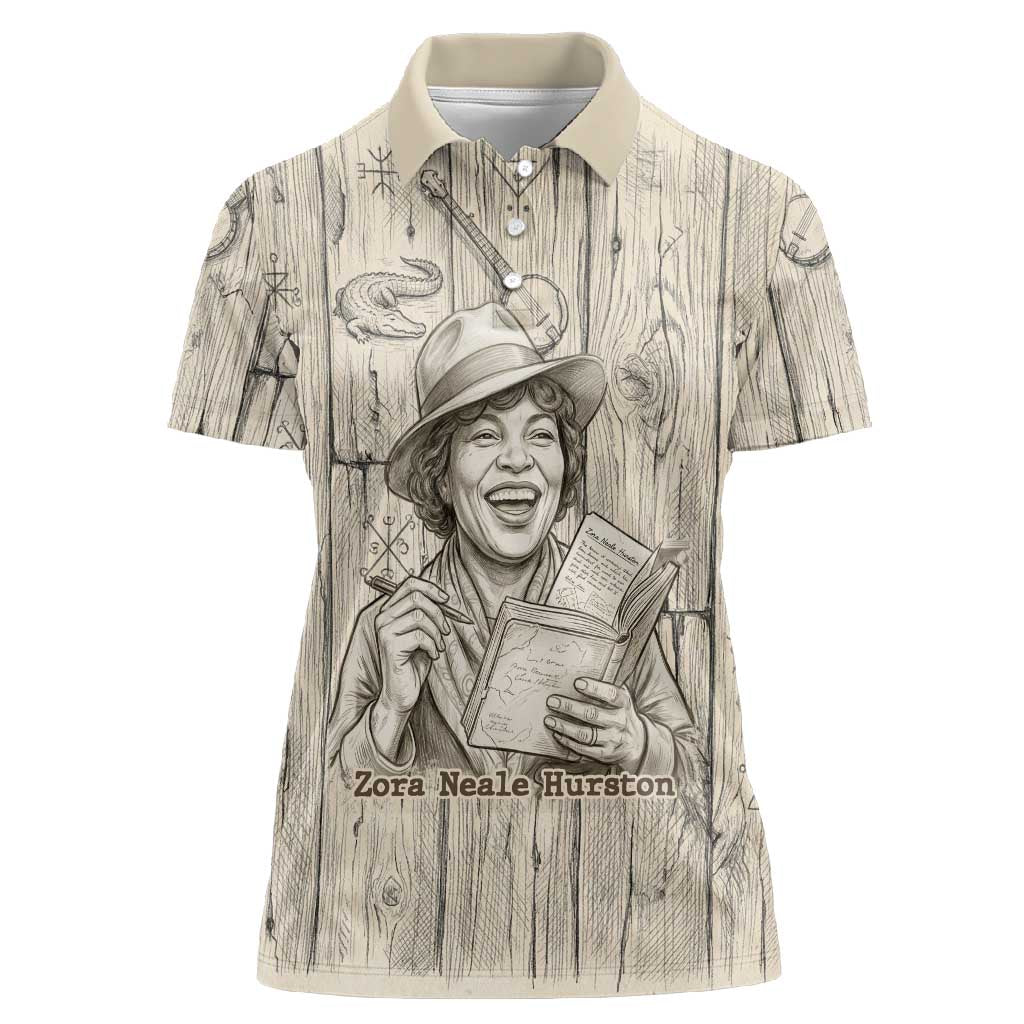 Zora Neale Hurston Women Polo Shirt Rustic Wood Engraved Style Illustration Joyful Portrait with Book and Map Donkey - Wonder Print Shop