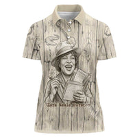 Zora Neale Hurston Women Polo Shirt Rustic Wood Engraved Style Illustration Joyful Portrait with Book and Map Donkey - Wonder Print Shop