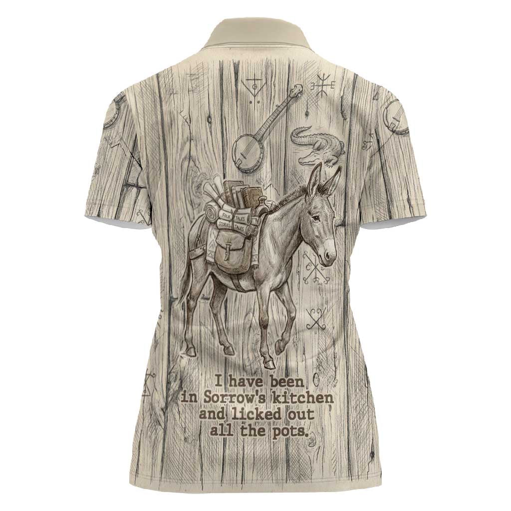 Zora Neale Hurston Women Polo Shirt Rustic Wood Engraved Style Illustration Joyful Portrait with Book and Map Donkey - Wonder Print Shop