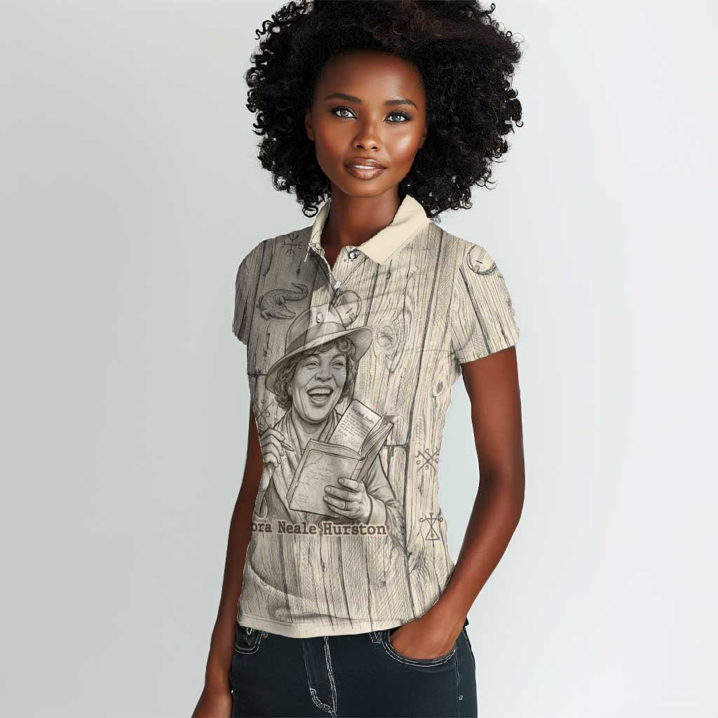 Zora Neale Hurston Women Polo Shirt Rustic Wood Engraved Style Illustration Joyful Portrait with Book and Map Donkey - Wonder Print Shop
