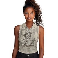 Zora Neale Hurston Women Sleeveless Polo Shirt Rustic Wood Engraved Style Illustration Joyful Portrait with Book and Map Donkey - Wonder Print Shop