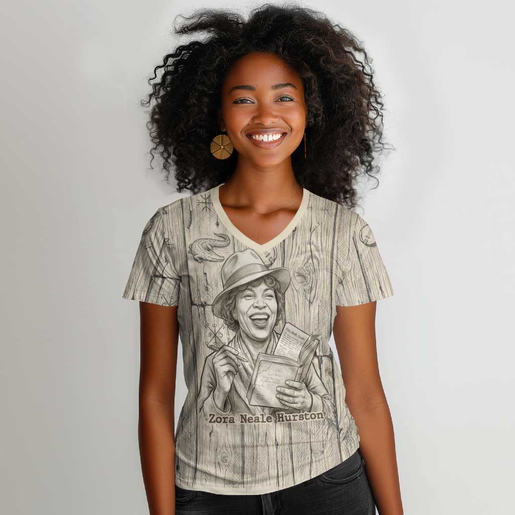 Zora Neale Hurston Women V-Neck T-Shirt Rustic Wood Engraved Style Illustration Joyful Portrait with Book and Map Donkey - Wonder Print Shop