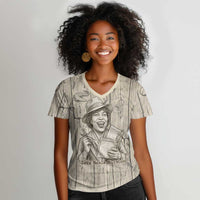 Zora Neale Hurston Women V-Neck T-Shirt Rustic Wood Engraved Style Illustration Joyful Portrait with Book and Map Donkey - Wonder Print Shop