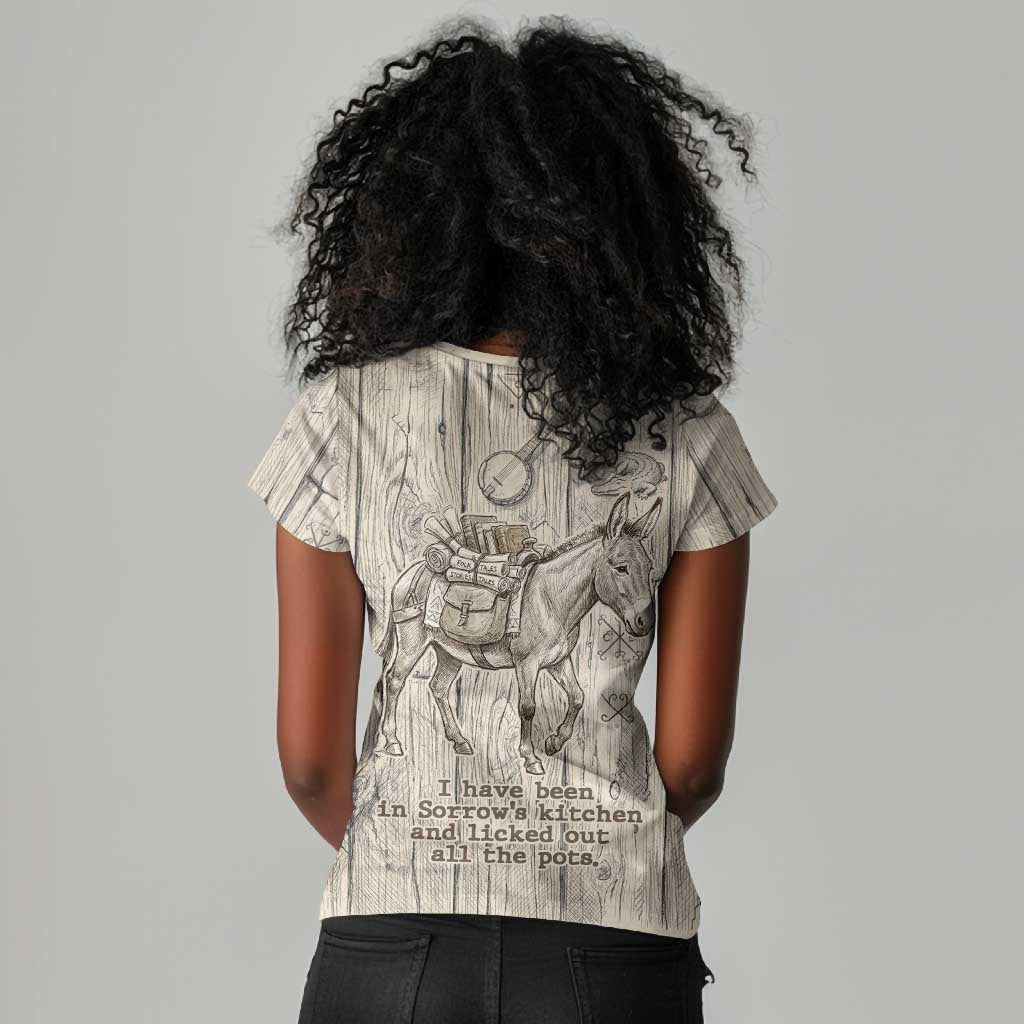 Zora Neale Hurston Women V-Neck T-Shirt Rustic Wood Engraved Style Illustration Joyful Portrait with Book and Map Donkey - Wonder Print Shop