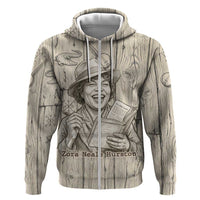 Zora Neale Hurston Zip Hoodie Rustic Wood Engraved Style Illustration Joyful Portrait with Book and Map Donkey - Wonder Print Shop