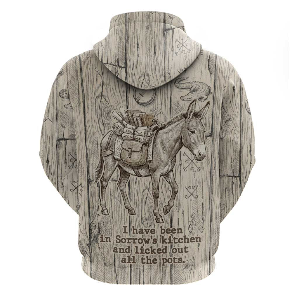 Zora Neale Hurston Zip Hoodie Rustic Wood Engraved Style Illustration Joyful Portrait with Book and Map Donkey - Wonder Print Shop