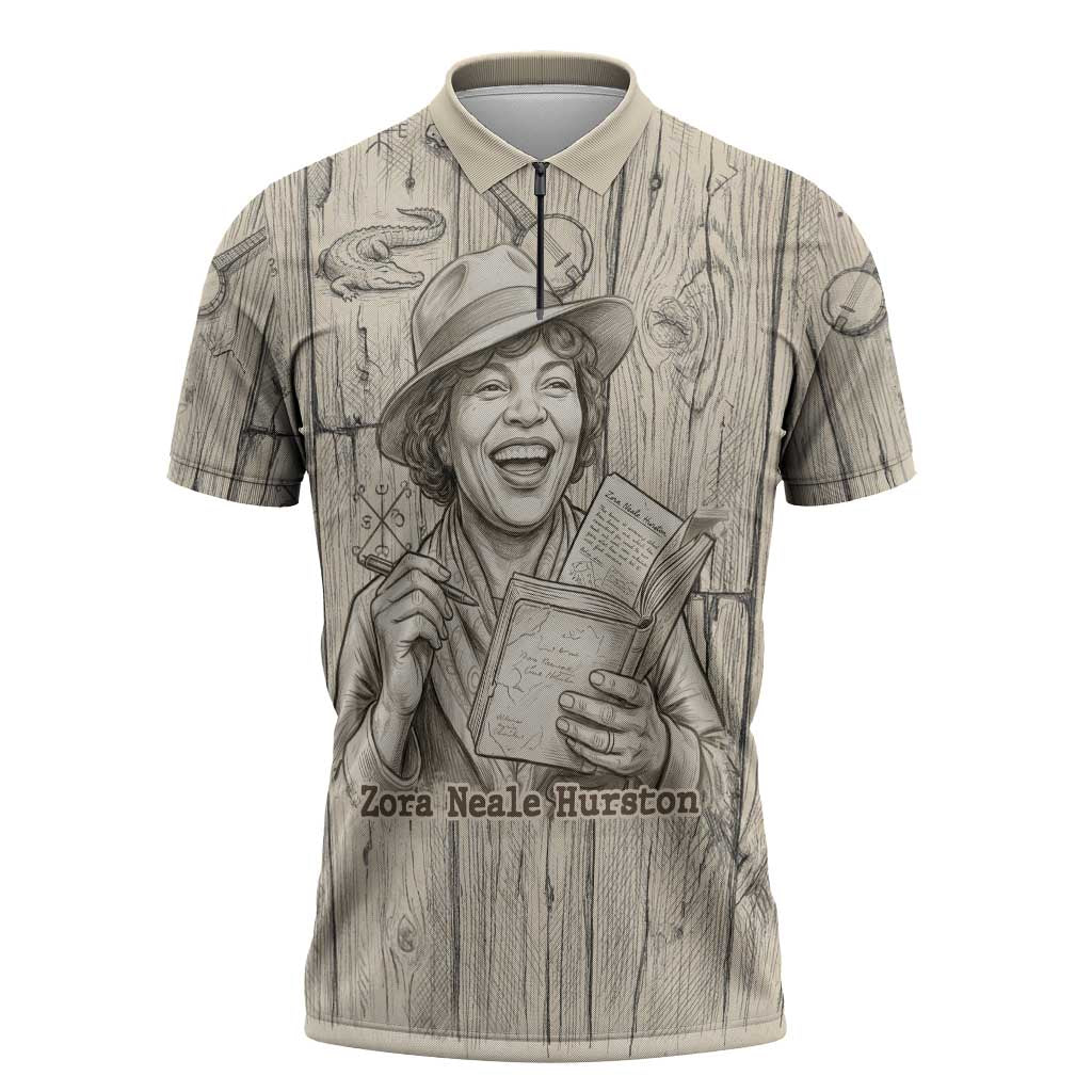 Zora Neale Hurston Zipper Polo Shirt Rustic Wood Engraved Style Illustration Joyful Portrait with Book and Map Donkey - Wonder Print Shop
