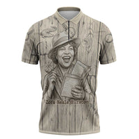 Zora Neale Hurston Zipper Polo Shirt Rustic Wood Engraved Style Illustration Joyful Portrait with Book and Map Donkey - Wonder Print Shop
