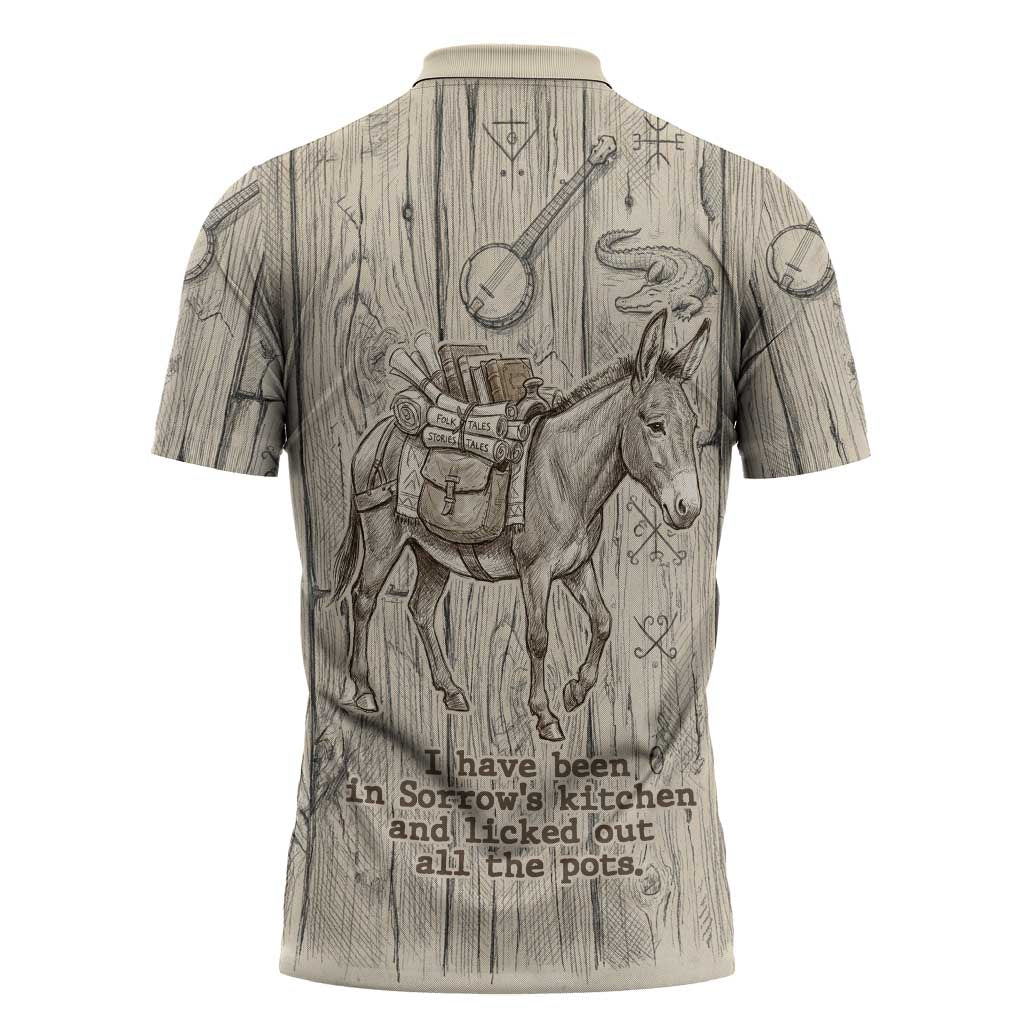 Zora Neale Hurston Zipper Polo Shirt Rustic Wood Engraved Style Illustration Joyful Portrait with Book and Map Donkey - Wonder Print Shop